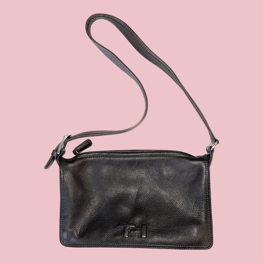 Tommy Hilfiger Shoulder Bag Brown Genuine Leather Y2K Adjustable Strap 10" x 6"